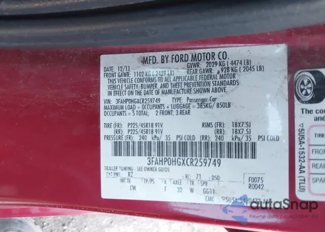 2012 Ford Fusion Se z USA, uszkodzony, nr VIN 3FAHP0HGXCR259749